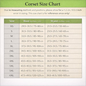 May include: A corset size chart with bust and waist measurements in inches and centimeters. Sizes range from XS to 6XL, with bust measurements from 29.5 to 49.5 inches and waist measurements from 21.5 to 41.5 inches. The chart includes a note about sizing error.