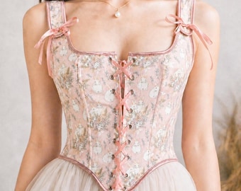 Vintage Floral Lace-Up Corset Top with Adjustable Shoulder Ties, Inner Boning Support, Feminine Fit for Special Occasions