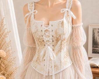 Gold Corset Crop Top Renaissance Fairycore Bustier Lace Up Back Vintage Brocade Tank Top Women Festival Outfit-Gift for Her Brocade Corset