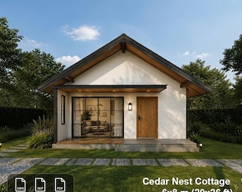 Pode incluir: Uma imagem digital de uma pequena casa de campo moderna com telhado de duas águas. A casa de campo é branca com telhado e molduras escuras. O texto "Cedar Nest Cottage 6x8 m (20x26 ft) 1 Bed 1 Bath" é visível. A casa de campo tem uma porta de madeira e grandes janelas de vidro.