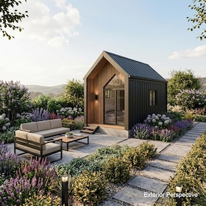 May include: A modern tiny house with a black exterior and wooden accents, featuring a glass front door and a small window. The house is surrounded by a patio with outdoor furniture and lush landscaping, including a pathway and colorful flowers.