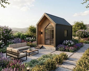 May include: A modern tiny house with a black exterior and wooden accents, featuring a glass front door and a small window. The house is surrounded by a patio with outdoor furniture and lush landscaping, including a pathway and colorful flowers.