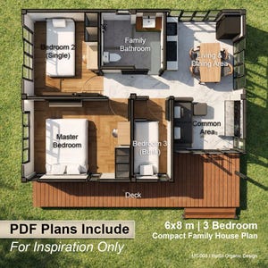 Puede incluir: Vista superior de un plano de casa familiar compacta de 3 dormitorios. El diseño incluye un dormitorio principal, dos dormitorios adicionales, un baño, una sala de estar y comedor, y una zona común. El plano es de 6x8 metros. El texto dice "PDF Plans Include For Inspiration Only."