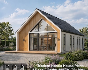 Pode incluir: Um projeto de casa com telhado de duas águas, revestimento de madeira clara e grandes janelas de vidro. O texto diz: Modern Nordic House Plans, 3 Beds 2 Baths, 8x12m (26x39ft), FULL SET DRAWINGS, READY TO BUILD, ND-005 S I PlpSil Organic Design.