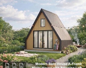 Pode incluir: Uma microcasa moderna em forma de A com telhado de metal escuro e revestimento de madeira clara. A estrutura possui uma grande porta de vidro, uma pequena janela superior e um sótão. O texto diz: Modern Barn House A-Frame Micro House with Sleeping Loft 1 Bed 1 Bath 4x3m (13x10ft).