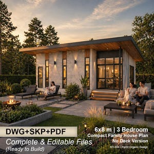 May include: A modern, single-story house plan with a flat roof and large windows. The image shows a rendering of the house with a patio, outdoor seating, and landscaping. Text on the image reads "DWG+SKP+PDF Complete & Editable Files (Ready to Build)".