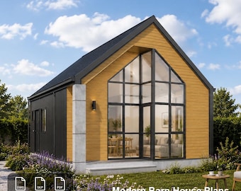Pode incluir: Um plano de casa estilo celeiro moderno com telhado de duas águas, revestimento horizontal amarelo e revestimento metálico vertical preto. A estrutura inclui uma grande fachada de vidro com molduras pretas, base de concreto e o texto Modern Barn House Plans 2 Beds 1 Bath 6x9m.