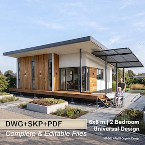 Op de afbeelding: Modern ontwerp van een huis met twee slaapkamers, een plat dak, houten accenten en een overdekt terras. De afbeelding bevat tekst met "DWG+SKP+PDF Complete & Editable Files" en "6x8 m | 2 Bedroom Universal Design."