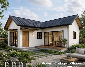 Pode incluir: Uma casa de campo moderna em forma de L com telhado preto, paredes brancas e porta de madeira. A casa tem janelas grandes e uma pequena varanda. A imagem inclui o texto "Modern Cottage L-Shape 8x8 m (26x26 ft) 2 Beds 1 Bath".