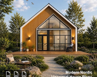 Pode incluir: Uma casa moderna com revestimento de madeira clara, um grande frontão triangular de vidro e um deck de madeira. A estrutura possui caixilhos de janelas e portas pretos. O texto diz: Modern Nordic Universal House Plans 3 Beds 2 Baths 8x12m.