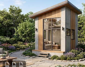 May include: A tiny loft cabin measuring 3x4m (10x13ft) with a concrete and wood exterior, featuring a large glass front, a lofted sleeping area, and a living space. The text reads: Tiny Loft Cabin, 3x4m (10x13ft) | 1 Bed 1 Bath, ND-003 | PipSil Organic Design.