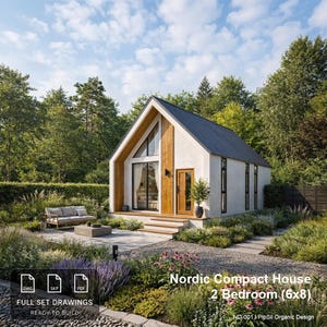 May include: A modern, two-bedroom Nordic compact house with a black roof and light-colored siding. The house features a large window and wooden accents. The image includes the text "Nordic Compact House 2 Bedroom (6x8)" and "FULL SET DRAWINGS READY TO BUILD".