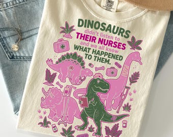 Comfort Colors® Retro Nurse Shirt, Funny Nursing Graphic Tee, Cute Dinosaur Medical Staff Tshirt, Unisex Hospital Registered Nurse Gift