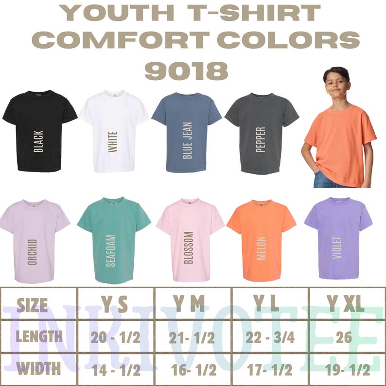 May include: A color chart for Comfort Colors 9018 youth t-shirts featuring nine solid colors: black, white, blue jean, pepper, melon, orchid, seafoam, blossom, and violet. A size chart displays lengths and widths in inches for sizes YS to YXL.
