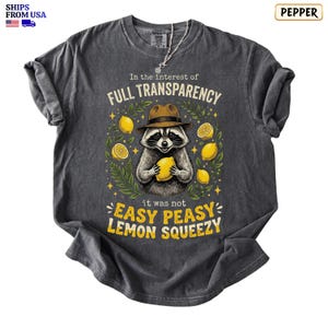 May include: A charcoal gray t-shirt featuring a graphic of a raccoon wearing a brown hat and holding a yellow lemon. The text reads In the interest of FULL TRANSPARENCY it was not EASY PEASY LEMON SQUEEZY, surrounded by yellow lemons and green leaves.