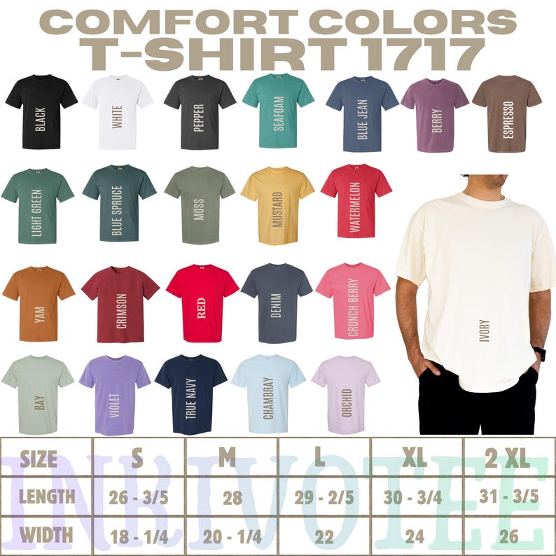 May include: A Comfort Colors 1717 t-shirt color chart displaying twenty-four short-sleeve shirts in various colors including black, white, pepper, seafoam, blue jean, berry, espresso, light green, blue spruce, moss, mustard, watermelon, yam, crimson, red, denim, crunch berry, ivory, bay, violet, true navy, chambray, and orchid, with a size chart showing lengths from 26-3/5 to 31-3/5 inches and widths from 18-1/4 to 26 inches.