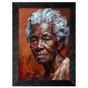 Elderly Woman Portrait, Painterly Realism, Textured Black Frame, Warm Tones (Ready to Hang)