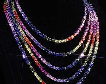 Rainbow Tennis Chain Necklace, Iced Out Bling Colorful Multicolor Cz Diamond Choker For Men Women Gold And Silver Jewelry Gift