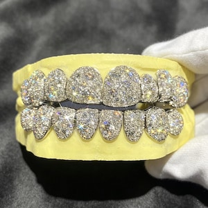 Parrilla dental de diamantes y moissanita VVS, corte permanente, plata de ley 925, personalizada, estilo hip hop, con incrustaciones de diamantes, parte superior e inferior.