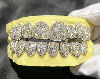 VVS Moissanite Diamond Grillz Teeth Perm Cut 925 Sterling Silver Custom, Hip Hop Bling Iced Out Grills Top Bottom