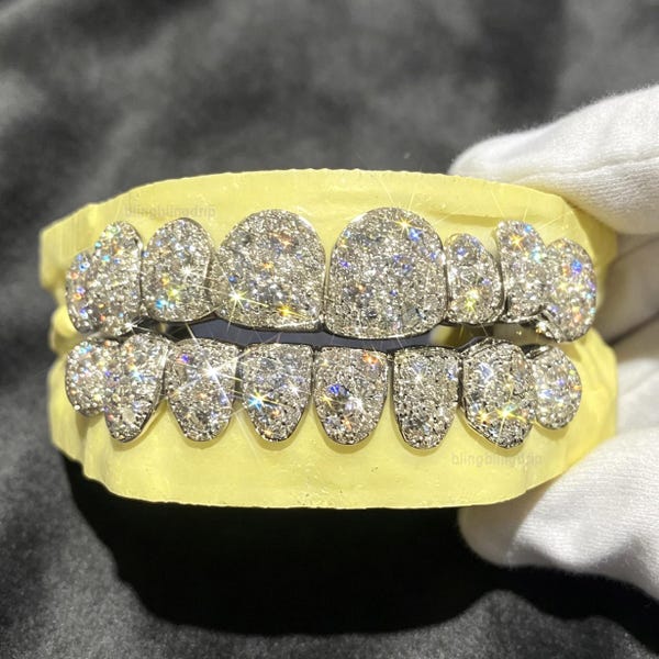 VVS Moissanite Diamond Grillz Teeth Perm Cut 925 Sterling Silver Custom, Hip Hop Bling Iced Out Grills Top Bottom