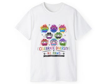 Celebrate Diversity paw print T-Shirt | KC Paws rainbow animal rescue