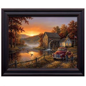 Vintage Red Truck at Old Grist Mill Sunset Farm Art Print – Rustic Farmhouse Wall Decor – Gift for Grandparents