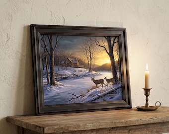 May include: Framed winter landscape art featuring a cabin, deer, and a snowy scene. The artwork is in a dark brown frame and is displayed on a wooden table. A lit candle in a brass holder is to the right.