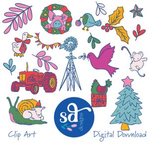 May include: A collection of colorful clip art illustrations featuring a pig in a wreath, a bird with an ornament, a tractor, a windmill, a dove, a chicken on a gift, a snail with a sheep, and a Christmas tree. The words "Clip Art" and "Digital Download" are also included.