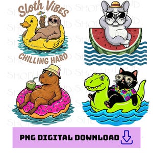 May include: A digital graphic featuring four cartoon images of animals relaxing in the water. A sloth in a duck float, a dog on a watermelon, a capybara on a donut float, and a cat on a dinosaur float. Text reads "Sloth Vibes" and "Chilling Hard".