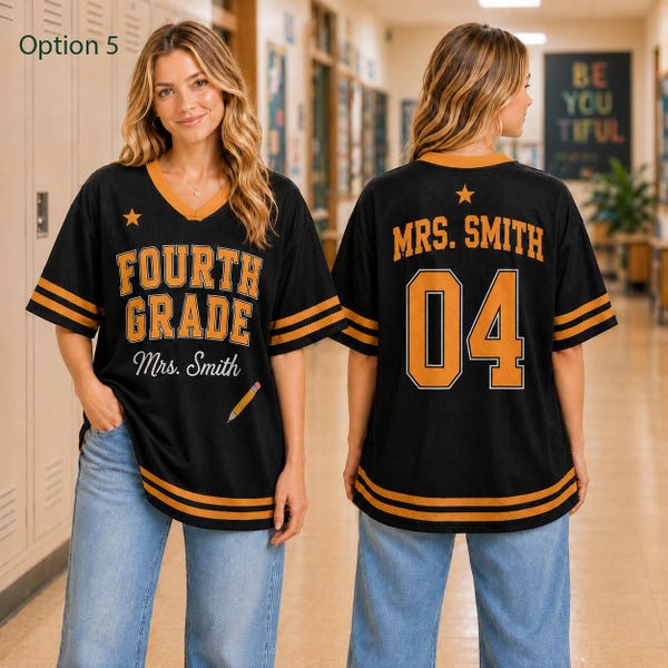 Custom Name Number Shirt, Personalized Mesh Fourth Grade Teacher Mesh Jersey, Back to School Game Day Outfit, Black Gold Teacher Team Gift