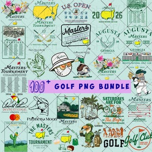 May include: A collection of golf-themed PNG graphics, including logos, tournament emblems, and illustrations. The designs feature text like "Masters Tournament," "U.S. Open," and "Augusta National Golf Club." The bundle includes various colors and styles.