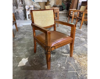 Sillón de caña de mediados de siglo, silla auxiliar de comedor de madera maciza