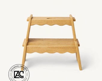 Sgabello in legno a due gradini con maniglia, scaletta da cucina rustica