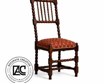 Silla de comedor vintage con respaldo de huso, asiento tapizado, mueble auxiliar de estilo rústico de madera maciza.