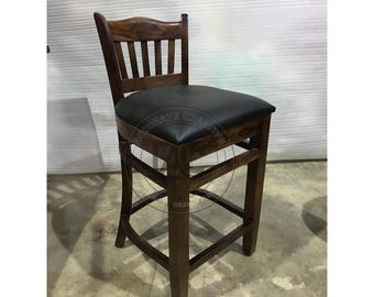 Solid Wood Bar Chair, Upholstered Rustic Kitchen Stool, Slatted Backrest Seating