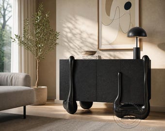 Modern Black Sideboard Cabinet Unique Sculptural Storage Console Luxury Living Room Furniture Design