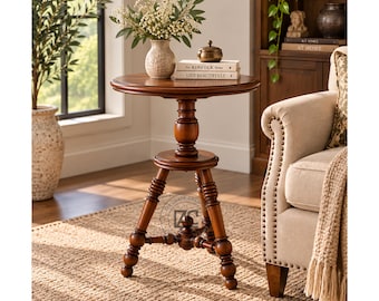 Handmade Solid Wood Round Side Table, Vintage Wooden End Table, Turned Legs, Accent Furniture