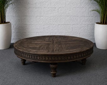 Handmade Oval Wood Coffee Table, Rustic Carved Center Table, Vintage Boho Living Room Furniture