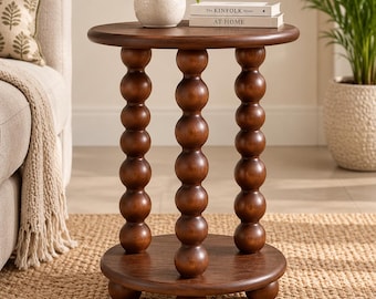 Mesa auxiliar redonda de madera hecha a mano, con patas torneadas (45,7 cm de diámetro).