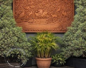 Panel de pared de madera tallado a mano, gran arte floral con pájaros y naturaleza, decoración rústica llamativa.