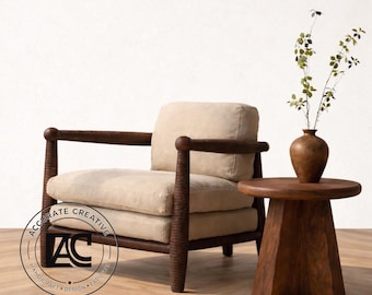 Conjunto de sillón Japandi y mesa de centro de ratán, muebles minimalistas modernos para sala de estar.