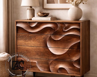 Cómoda de madera tallada a mano: Armario escultural de madera maciza, mueble de almacenamiento artístico.