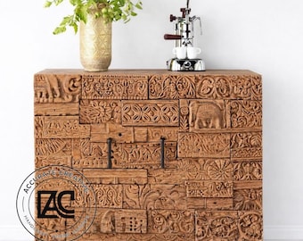 Armario de madera tallado a mano: aparador rústico bohemio, mueble de estilo vintage para la decoración del hogar.
