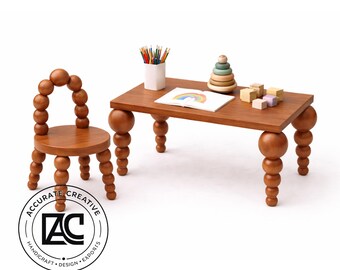 Conjunto de mesa y sillas de madera maciza, patas torneadas esculturales, muebles Japandi para espacios pequeños.