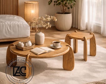 Juego de mesa de centro Japandi de madera maciza con taburete, muebles minimalistas y orgánicos para sala de estar.