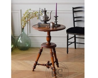 Mesita auxiliar de pedestal de madera maciza hecha a mano, mueble auxiliar redondo con trípode.