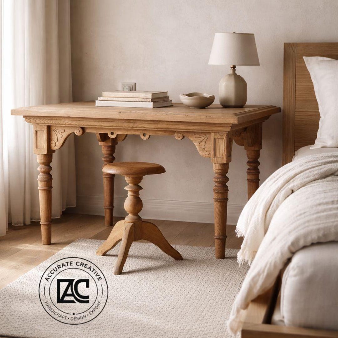 Wooden Study Table Set With Stool Classic Carved Solid Wood Set - Etsy