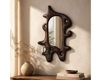 Espejo de pared abstracto de madera, hecho a mano, moderno, con forma orgánica, espejo de tocador decorativo para el hogar.