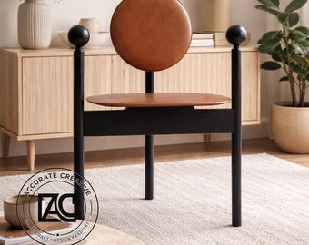 Sillón moderno de cuero, estructura de madera negra, asiento minimalista para salón.